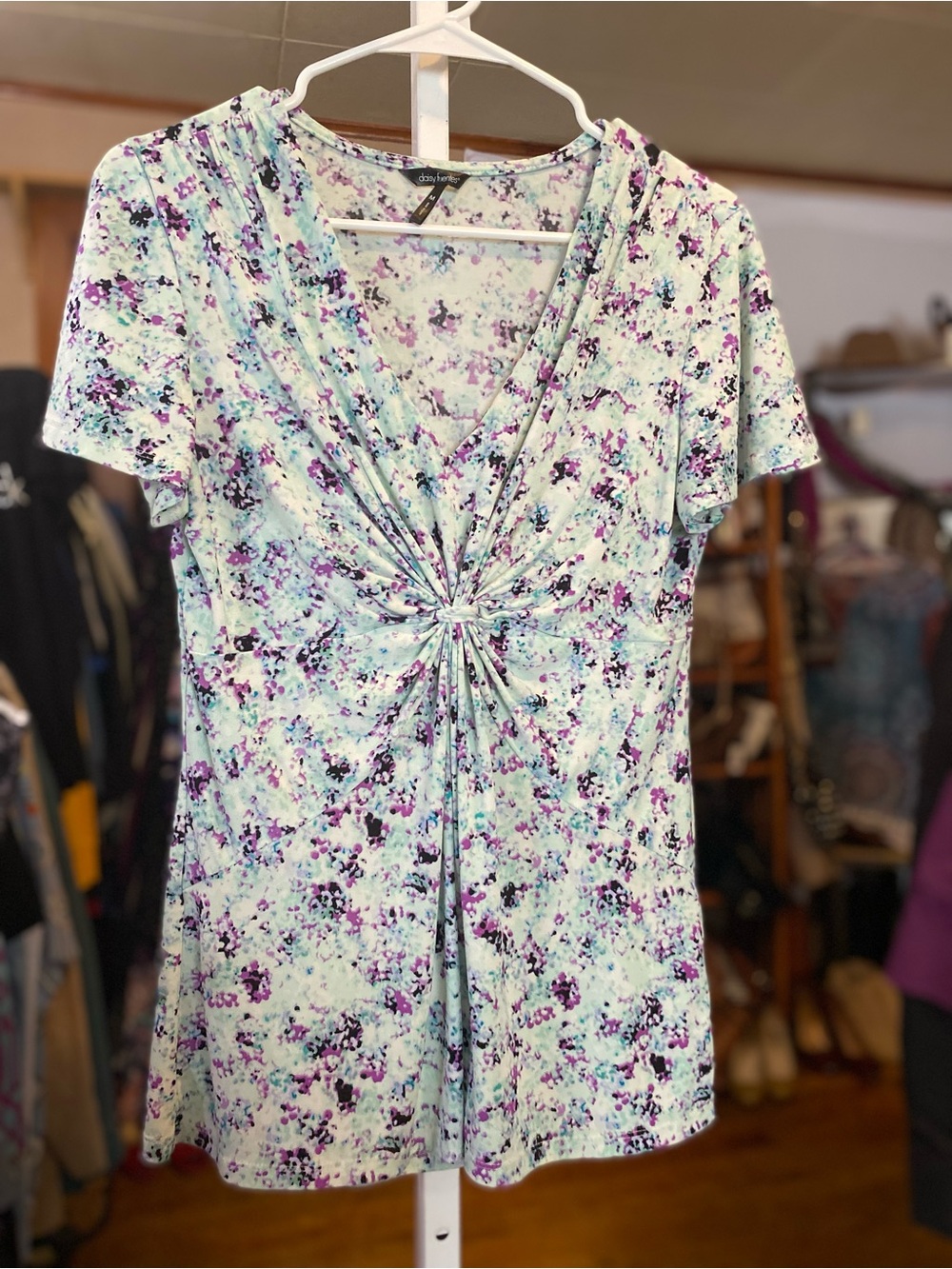 Daisy Fuentes Minty Blue Tie-Dye  Print Top with Purple & Teal